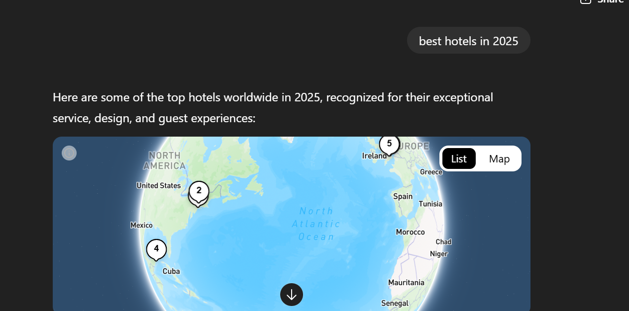 AI search interface showing a map of hotels as a search result.